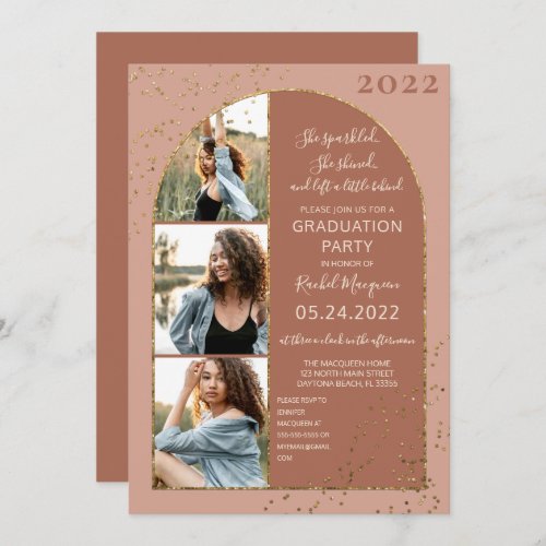 Terracotta Gold Glitter Confetti Photo Graduation Invitation