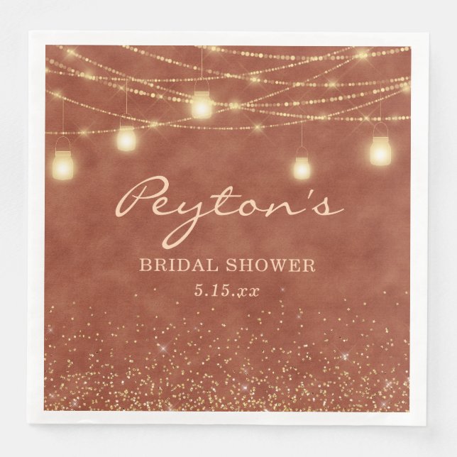 Terracotta Gold Glitter String Light Bridal Shower Paper Dinner Napkins (Front)
