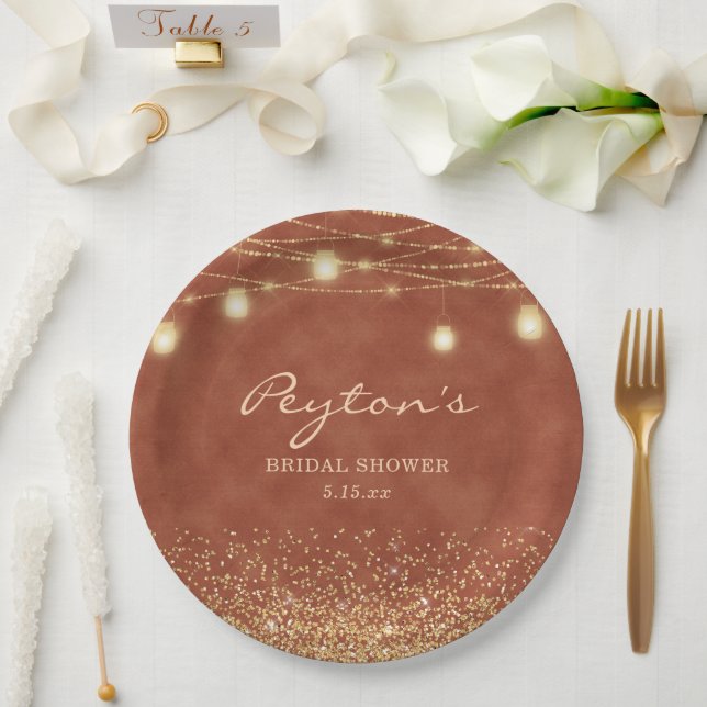 Terracotta Gold Glitter String Light Bridal Shower Paper Plates (Wedding)