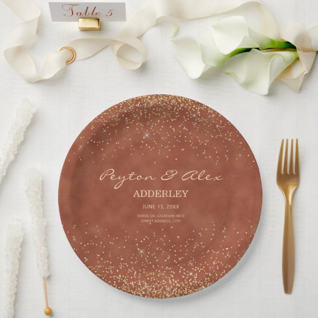 Terracotta Gold Glitter Wedding Reception  Paper Plates (Wedding)