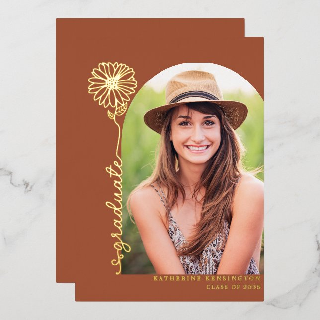 Terracotta Gold Handwritten Photo Graduation Foil Invitation (Front/Back)