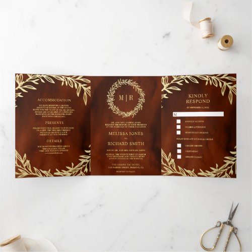 Terracotta Gold Leaf Branch All in One Wedding Tri_Fold Invitation