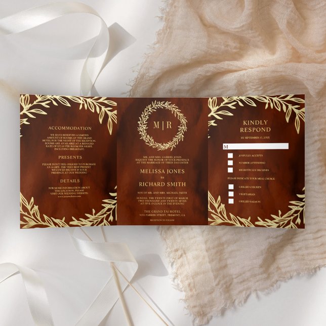 Terracotta Gold Leaf Branch All in One Wedding Tri-Fold Invitation (Creator Uploaded)