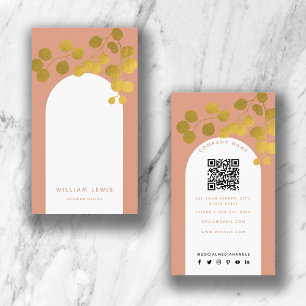 Terracotta Gold Leaves Modern Arch QR Code Business Card