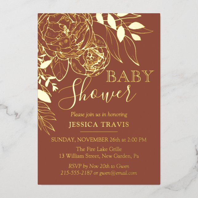 Terracotta & Gold Modern Floral Baby Shower Foil Invitation (Front)