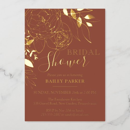 Terracotta  Gold Modern Floral Bridal Shower Foil Invitation