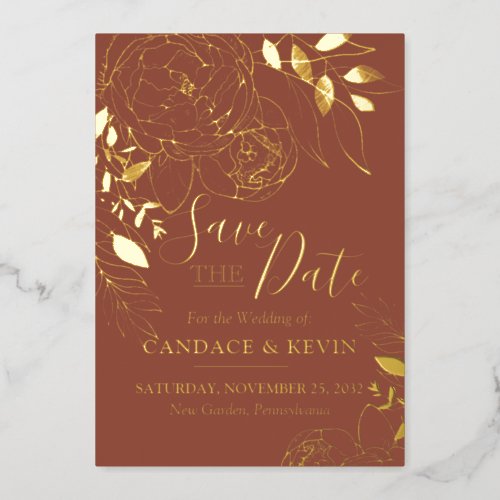 Terracotta  Gold Modern Floral Save the Date Foil Invitation