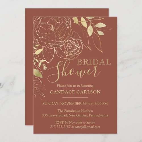 Terracotta  Gold Peony Floral Bridal Shower Invitation