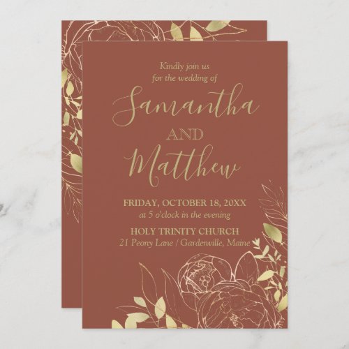 Terracotta  Gold Peony Modern Floral Wedding Invitation