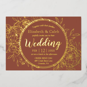 Terracotta & Gold Peony Modern Toile Wedding Foil Invitation