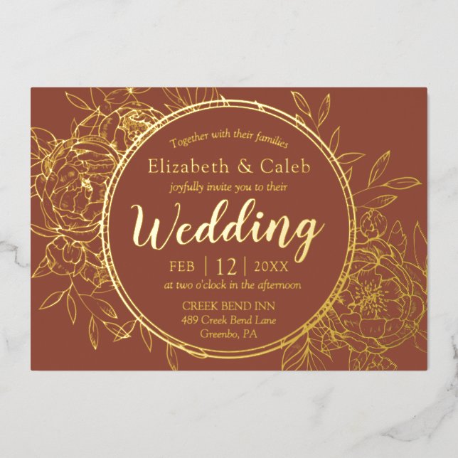 Terracotta & Gold Peony Modern Toile Wedding Foil Invitation (Front)