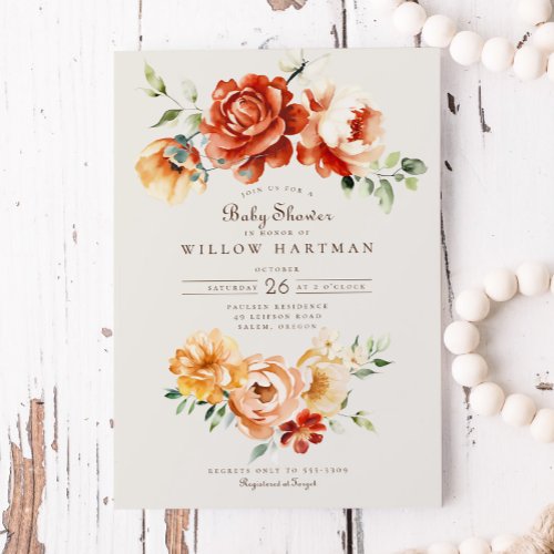 Terracotta Gold Rose Floral Arch Fall Baby Shower Invitation