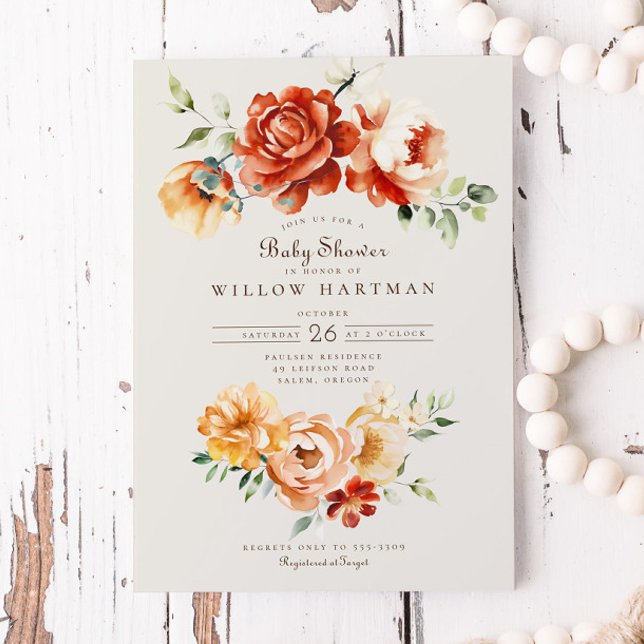 Terracotta Gold Rose Floral Arch Fall Baby Shower Invitation (Creator Uploaded)