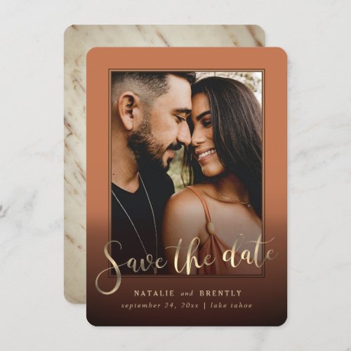 Terracotta Gold Script  Marble Photo Overlay Save The Date