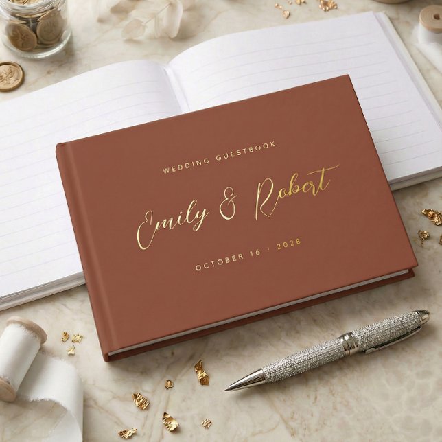 Terracotta Gold Script Modern Photo Wedding Foil Guest Book (Creator Uploaded)