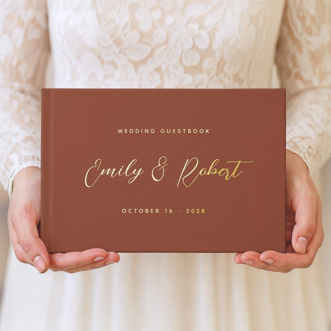 Terracotta Gold Script Modern Photo Wedding Foil Guest Book (Creator Uploaded)