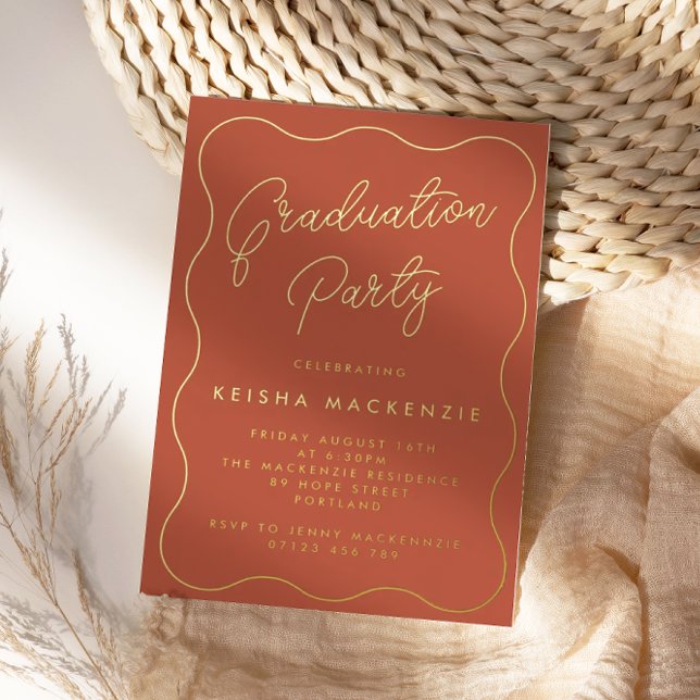 Terracotta & Gold Squiggle Graduation Party Foil Invitation (Creator Uploaded)