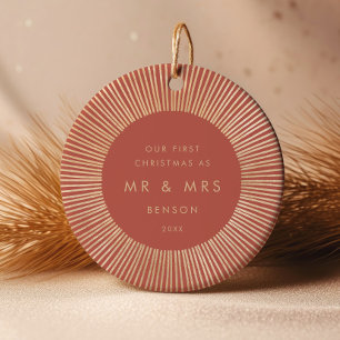 Terracotta Gold Sunburst Art Deco First Christmas Ceramic Ornament