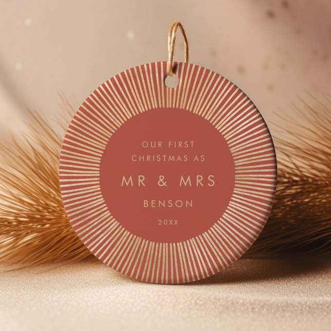 Terracotta Gold Sunburst Art Deco First Christmas Ceramic Ornament (Creator Uploaded)