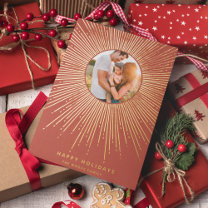 Terracotta & Gold sunburst frame art deco photo Foil Holiday Card