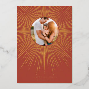 Terracotta & Gold sunburst frame art deco photo Foil Holiday Card