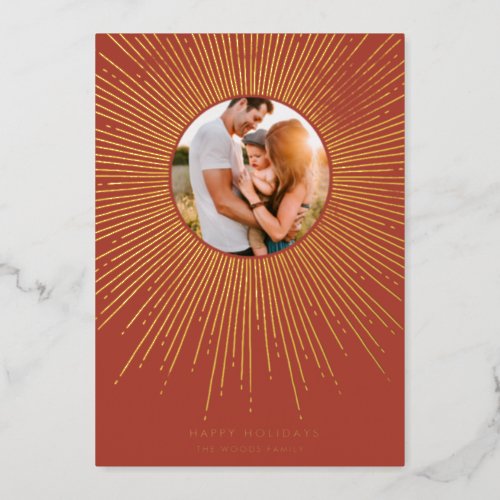 Terracotta  Gold sunburst frame art deco photo Foil Holiday Card