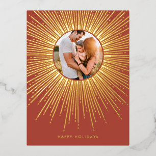 Terracotta & Gold sunburst frame Christmas photo Foil Holiday Postcard