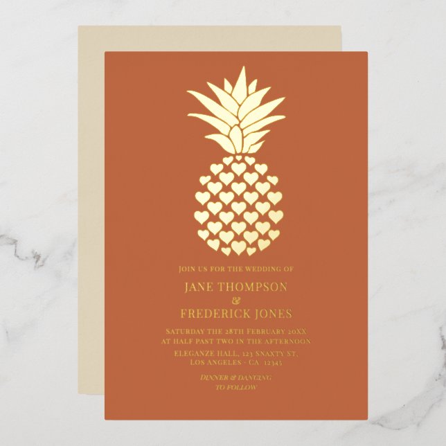 Terracotta & Gold Tropical Pineapple Wedding Foil Invitation (Front/Back)