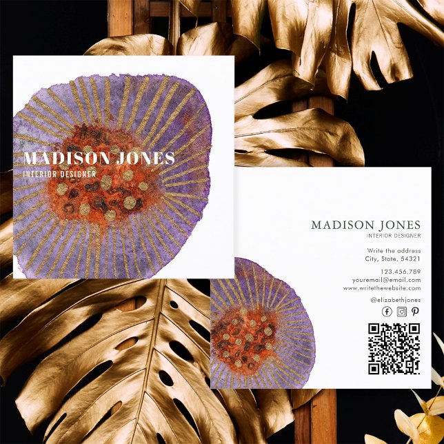 Terracotta Gold Watercolor Interior Designer Square Business Card (Front and Back)