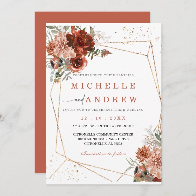 Terracotta Gold Wedding Invitation Template (Front/Back)