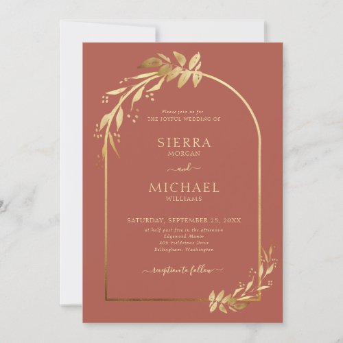 Terracotta Golden Eucalyptus Foliage Wedding Arch Invitation