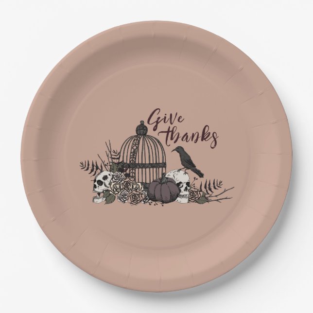 Terracotta Gothic Skulls Give Thanks Dinner Party Paper Plates (Front)
