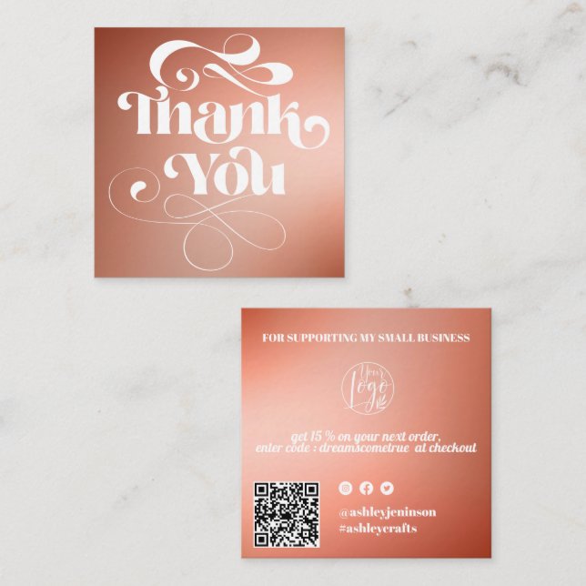 Terracotta gradient retro script order thank you square business card (Front/Back)