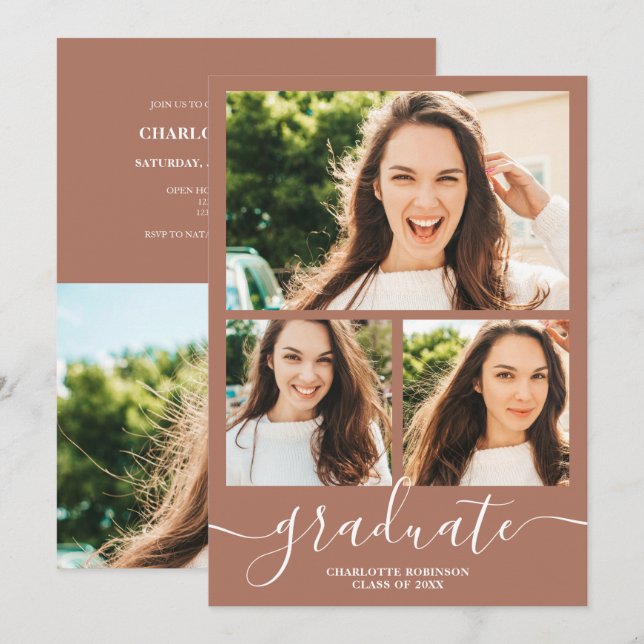 Terracotta graduate script 4 photos graduation invitation (Front/Back)
