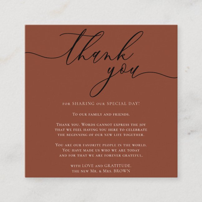 Terracotta Gratitude Styling Script Thank you Enclosure Card
