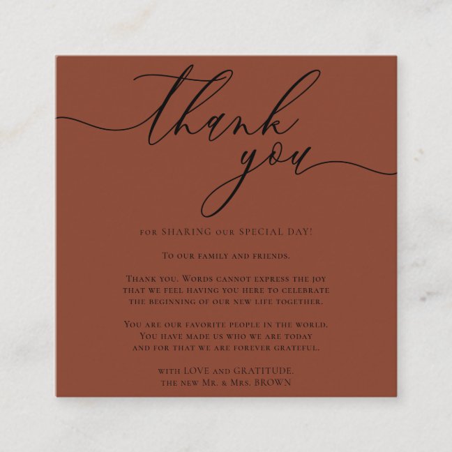 Terracotta Gratitude Stylish Script Thank you Enclosure Card