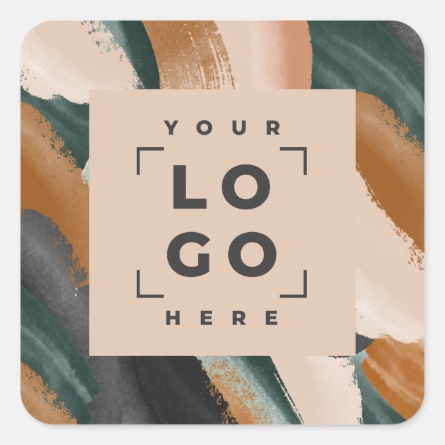 Terracotta, green abstract painted minimal modern square sticker (Front)