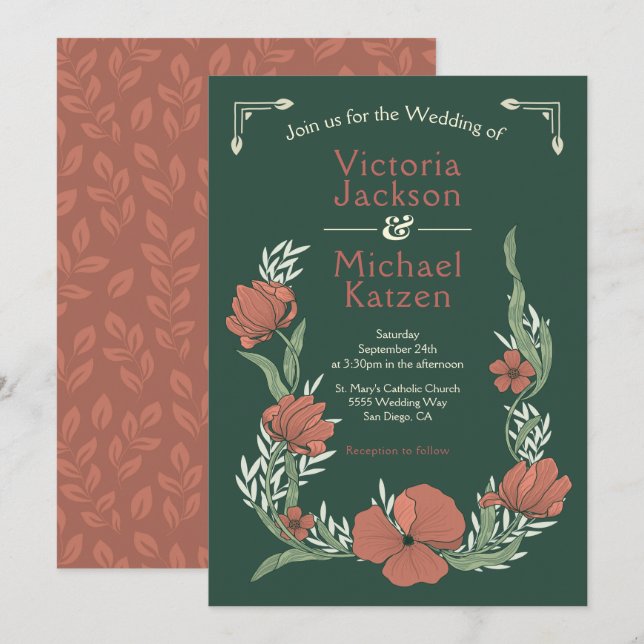 Terracotta & Green  Craftsman Floral  Wedding Invitation (Front/Back)