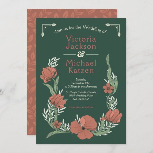 Terracotta  Green  Craftsman Floral  Wedding Invitation