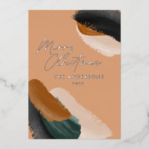 Terracotta green modern minimal unique watercolor foil holiday card