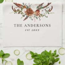 Terracotta green stag watercolor floral elegant kitchen towel