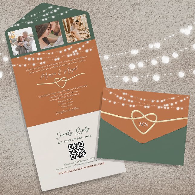 Terracotta Green String Lights Wedding QR Code All In One Invitation (Creator Uploaded)