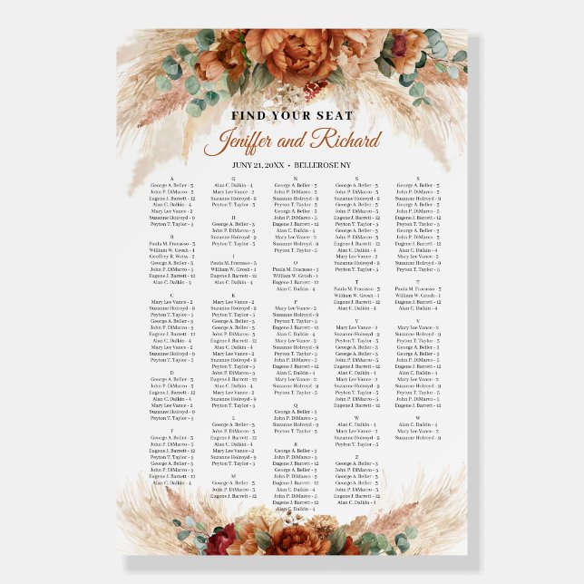 Terracotta greenery Alphabetical seating chart Foam Board (Front)