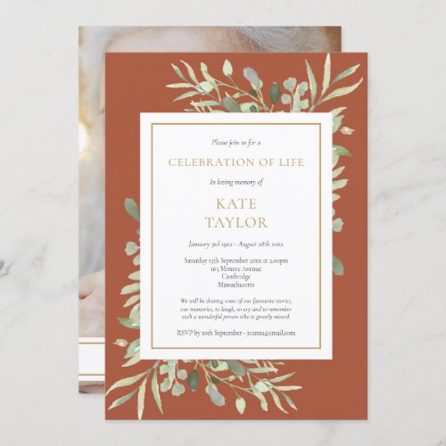 Terracotta Greenery Celebration of Life Photo Invitation