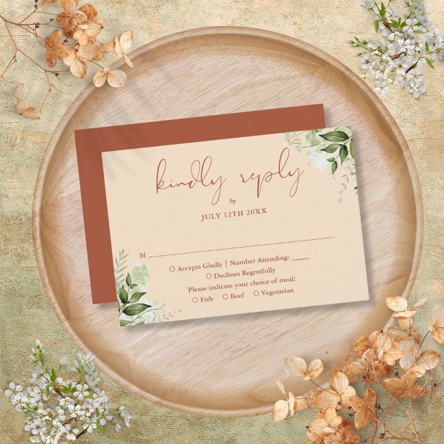 Terracotta Greenery Elegant Script Wedding  RSVP Card (Terracotta Greenery Elegant Script Wedding RSVP Card)