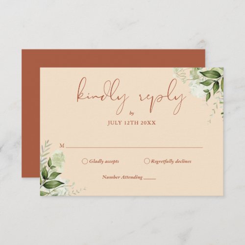 Terracotta Greenery Elegant Script Wedding  RSVP Card