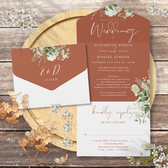 Terracotta Greenery Floral Details RSVP Wedding All In One Invitation (Terracotta Greenery Floral Details RSVP Wedding All In One Invitation)