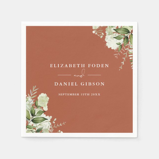 Terracotta Greenery Floral Elegant Names Date Napkins (Front)