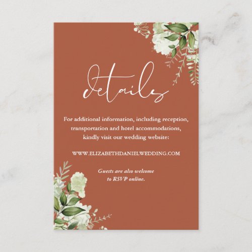 Terracotta Greenery Floral Elegant Wedding Details Enclosure Card