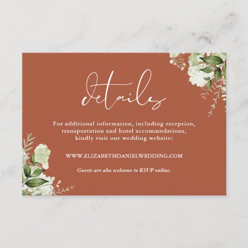 Terracotta Greenery Floral Elegant Wedding Details Enclosure Card
